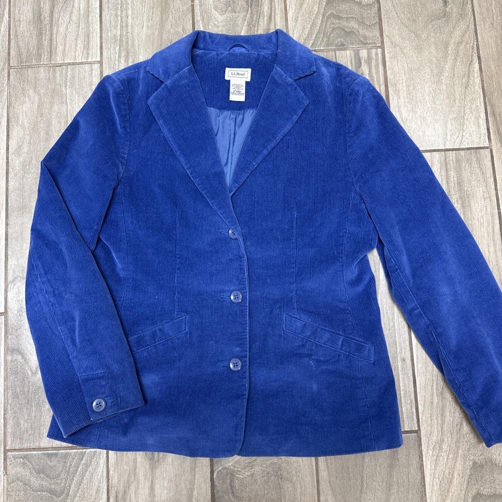 LL Bean Womens 4P Corduroy Blazer Blue Three Button Jacket Preppy Y2K Business